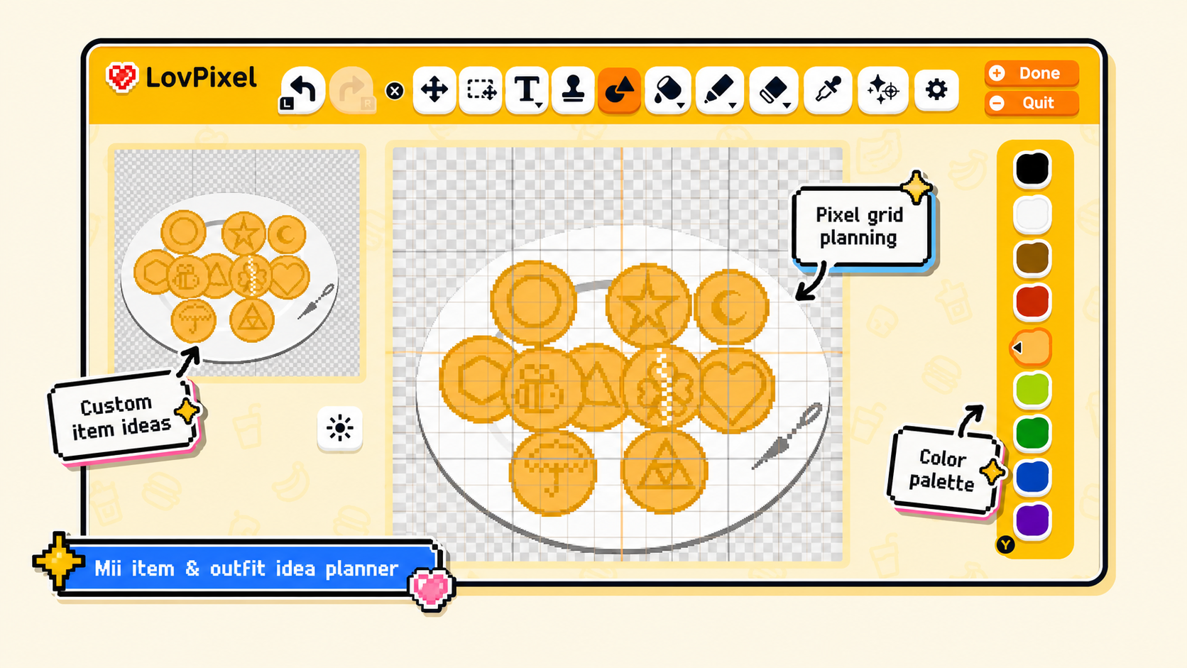 Tomodachi Life style item editor screenshot adapted for LovPixel Mii item, outfit, pixel grid, and color palette planning